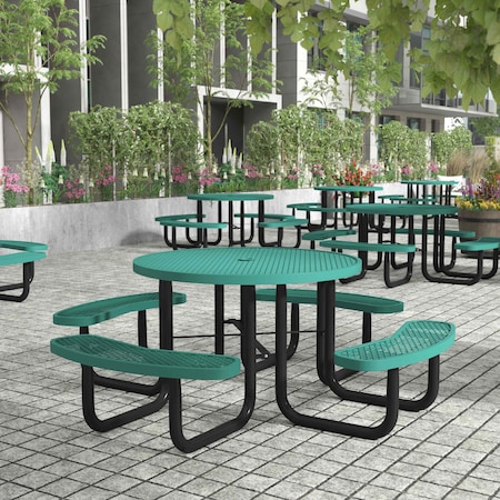 Flash Furniture Creekside Round Outdoor Picnic Table, Green Top/Seat, Black Frame, Mesh Metal Top, 46 in SLF-EMR-46-GN-GG